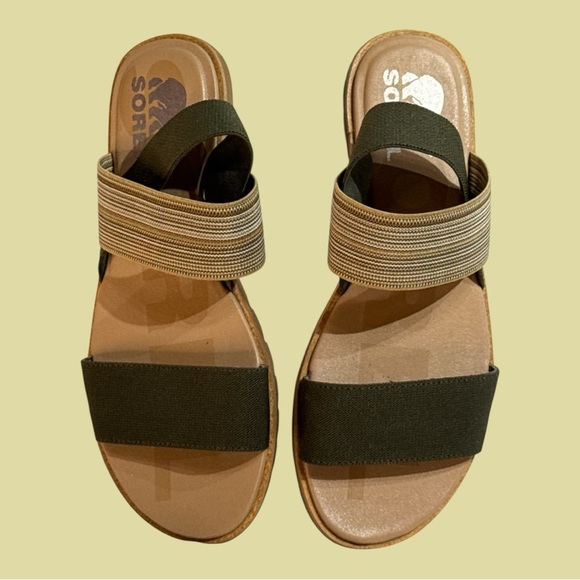 Sorel Ella Flat Sandals in Olive Beige Striped Elastic Stretch Bands Sling Sz 8 - Picture 4 of 7